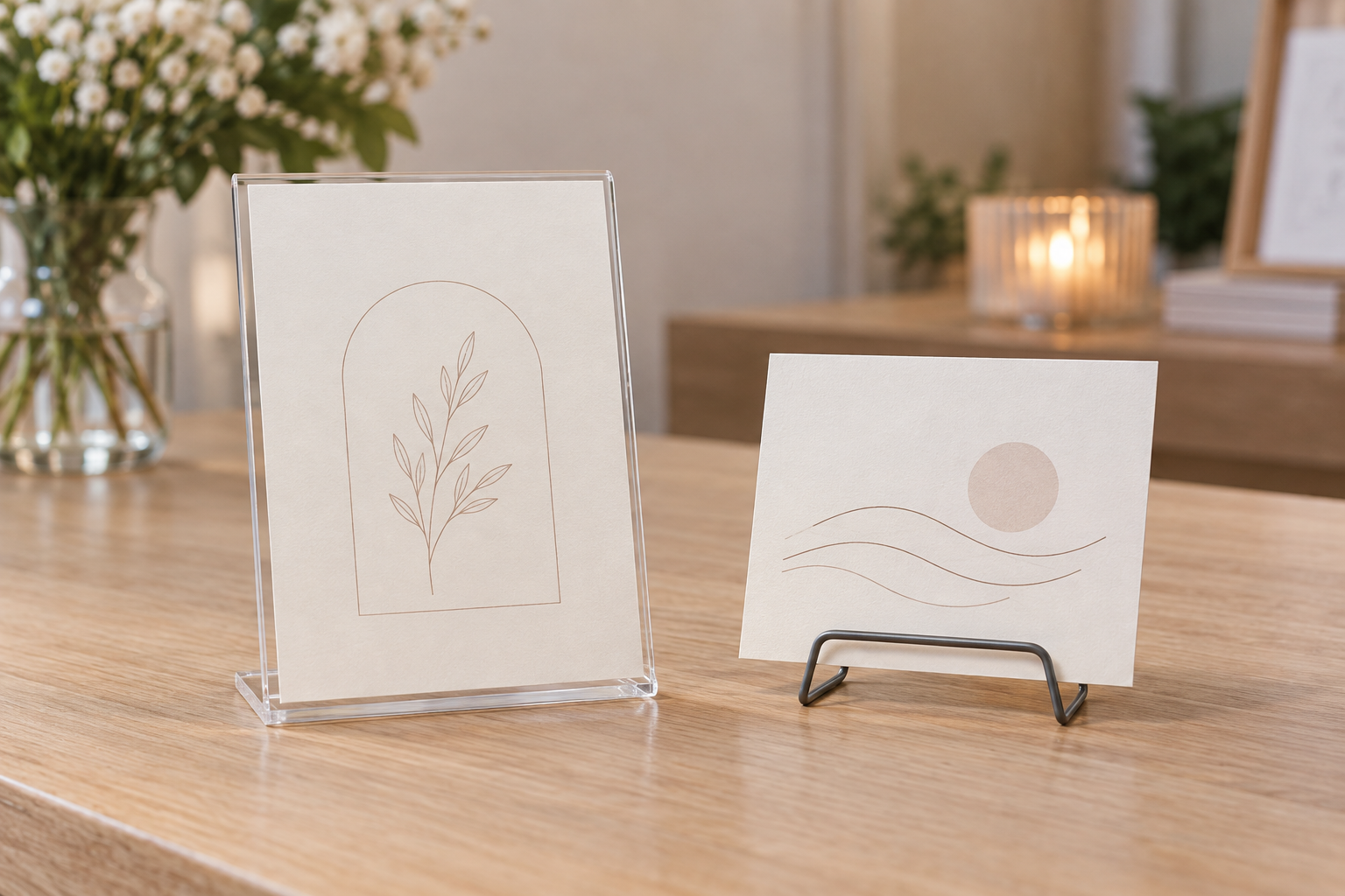 Clear acrylic card holder supporting most of a cream insert beside a dark wire stand supporting the lower edge of a stiff card