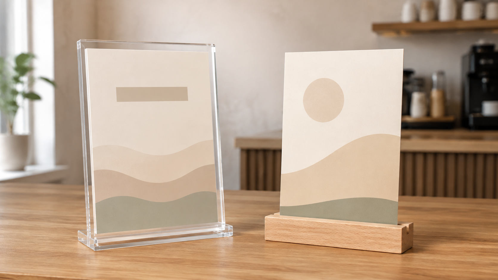 Clear acrylic insert holder beside a wooden slot stand holding a printed card on an indoor counter
