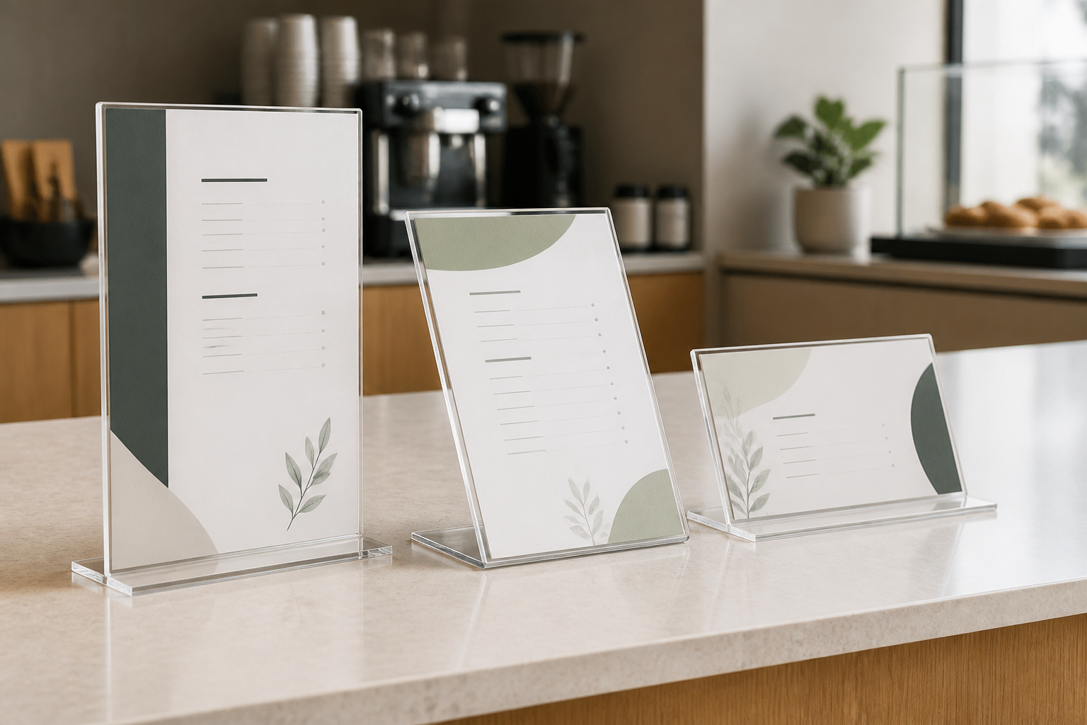 Portrait, slanted, and landscape clear acrylic holders with generic printed menus on a cafe counter