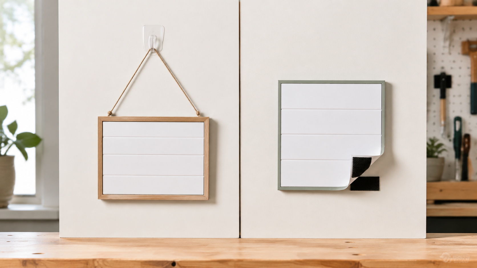 Lightweight signs displayed with an adhesive wall hook and hook-and-loop strips on adjacent painted panels