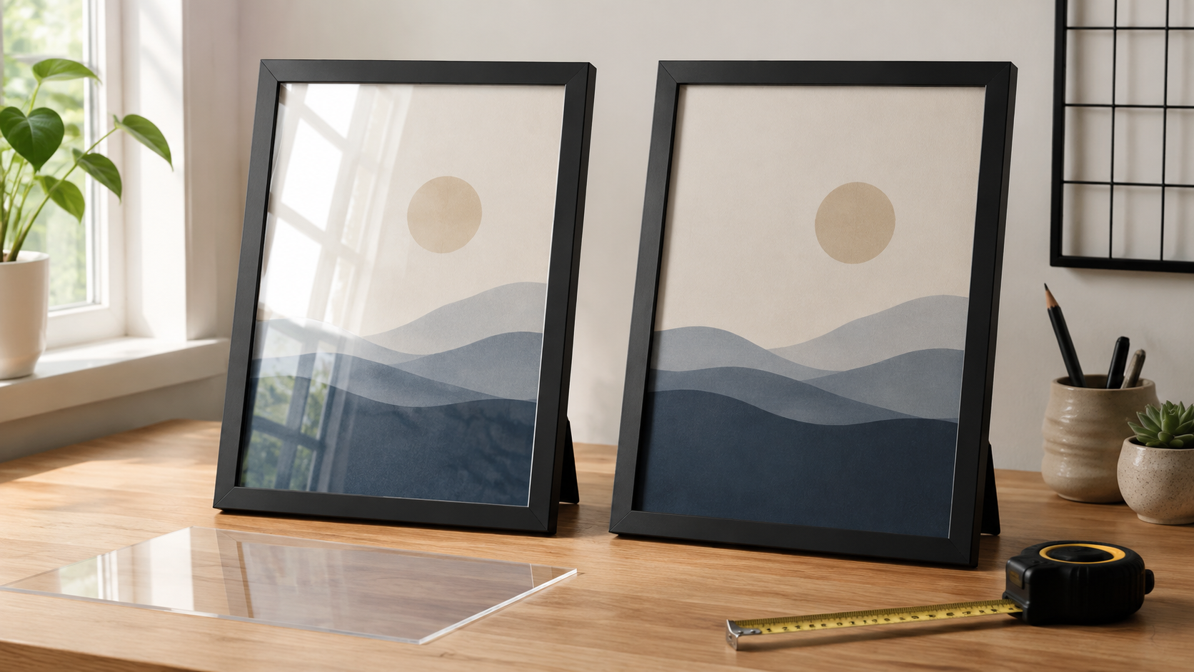 Two black tabletop poster frames showing a strong window reflection and a softer reflection beside a loose replacement cover sheet and measuring tape