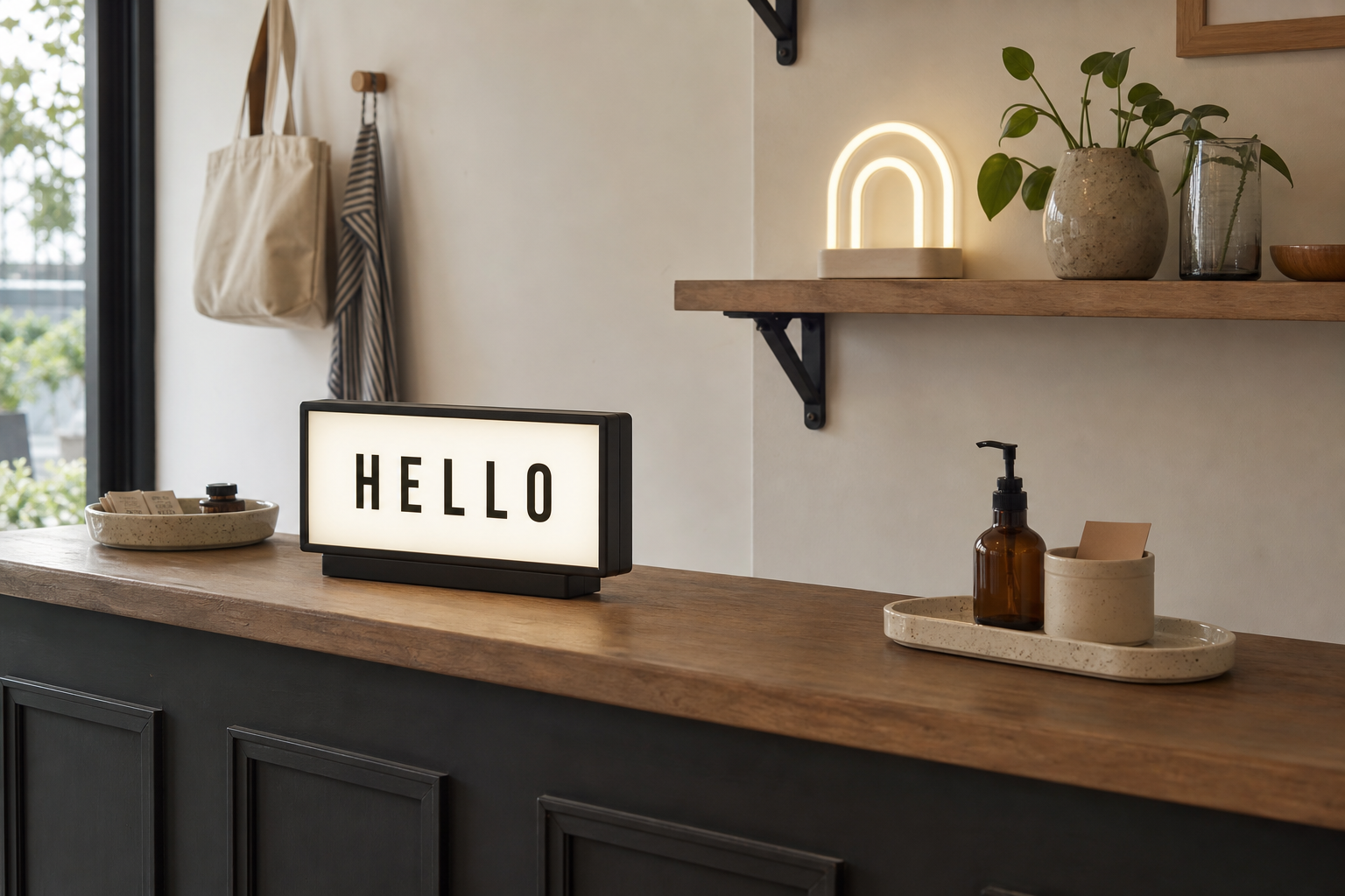 Freestanding letter light box on a boutique counter and compact warm-white arch sign on a shelf, both shown without power cords