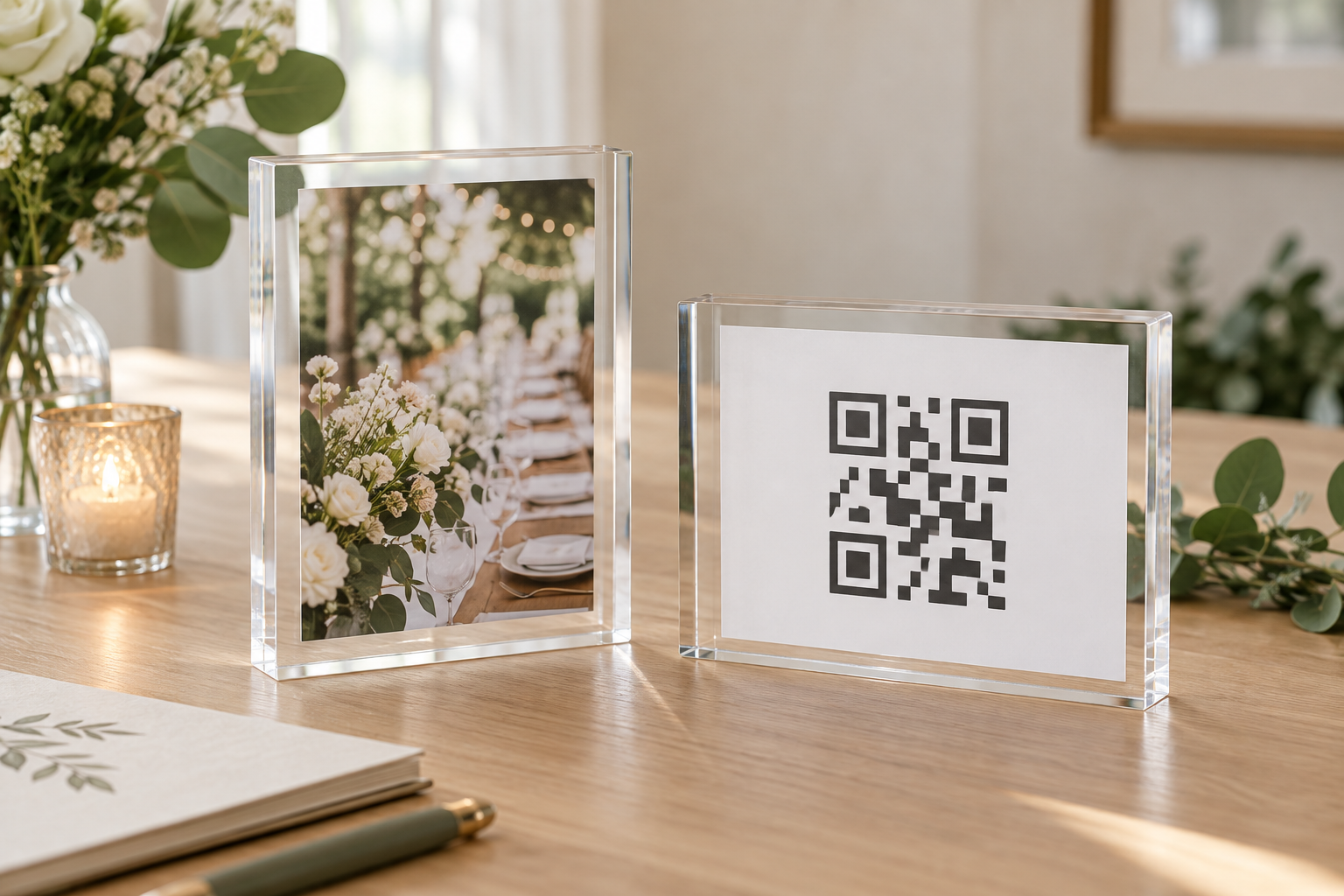 Portrait acrylic photo block beside a landscape acrylic block with a generic non-scannable QR-style prompt on an indoor event table