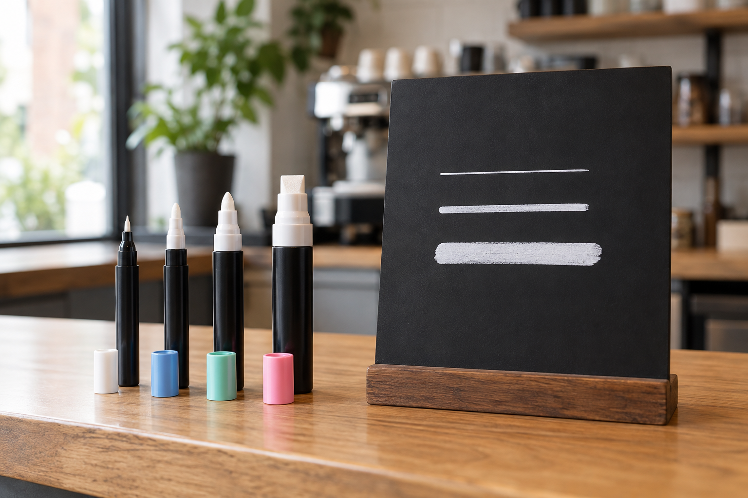 Four chalk markers with different tip widths beside a black menu board showing thin, medium, and broad white strokes
