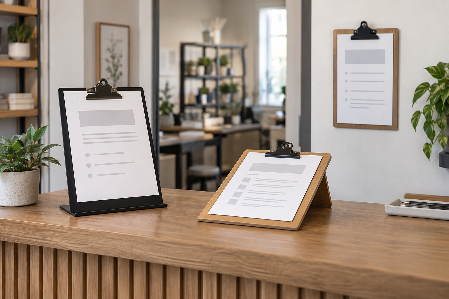 Upright black, angled wood, and wall-mounted wood clipboard sign holders displaying frequently changed paper notices