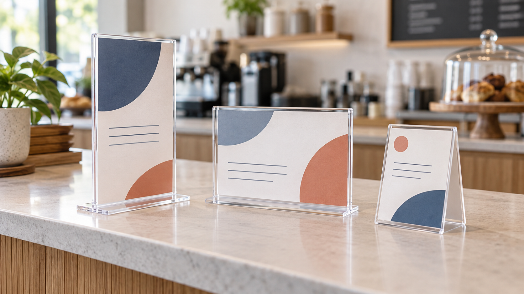 Portrait T-base, landscape T-base, and tent-style double-sided sign holders showing different orientations and base footprints on a cafe counter
