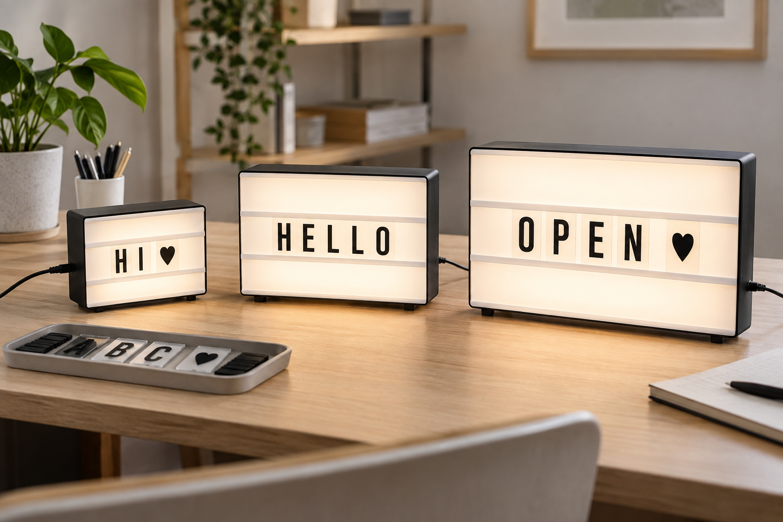 Three compact desktop light boxes in small, medium, and wide formats with changeable letters, stable feet, and visible power cords on an indoor desk
