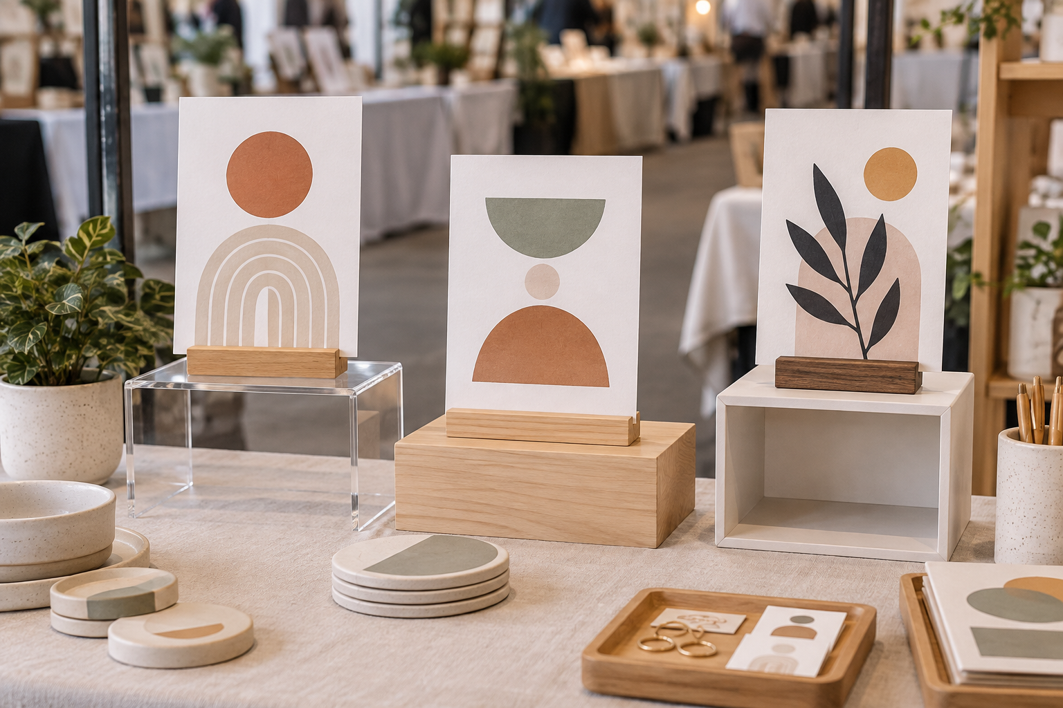 Three supported tabletop signs elevated on clear acrylic, wood block, and box-style display risers at an indoor market table