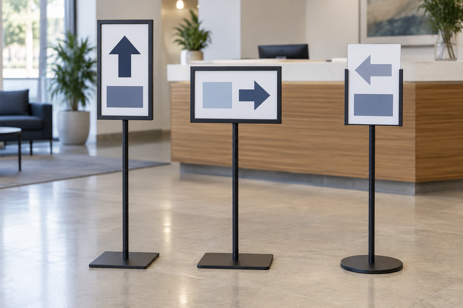 Three freestanding indoor directional sign stands showing portrait and landscape insert orientations and different base footprints in a reception lobby