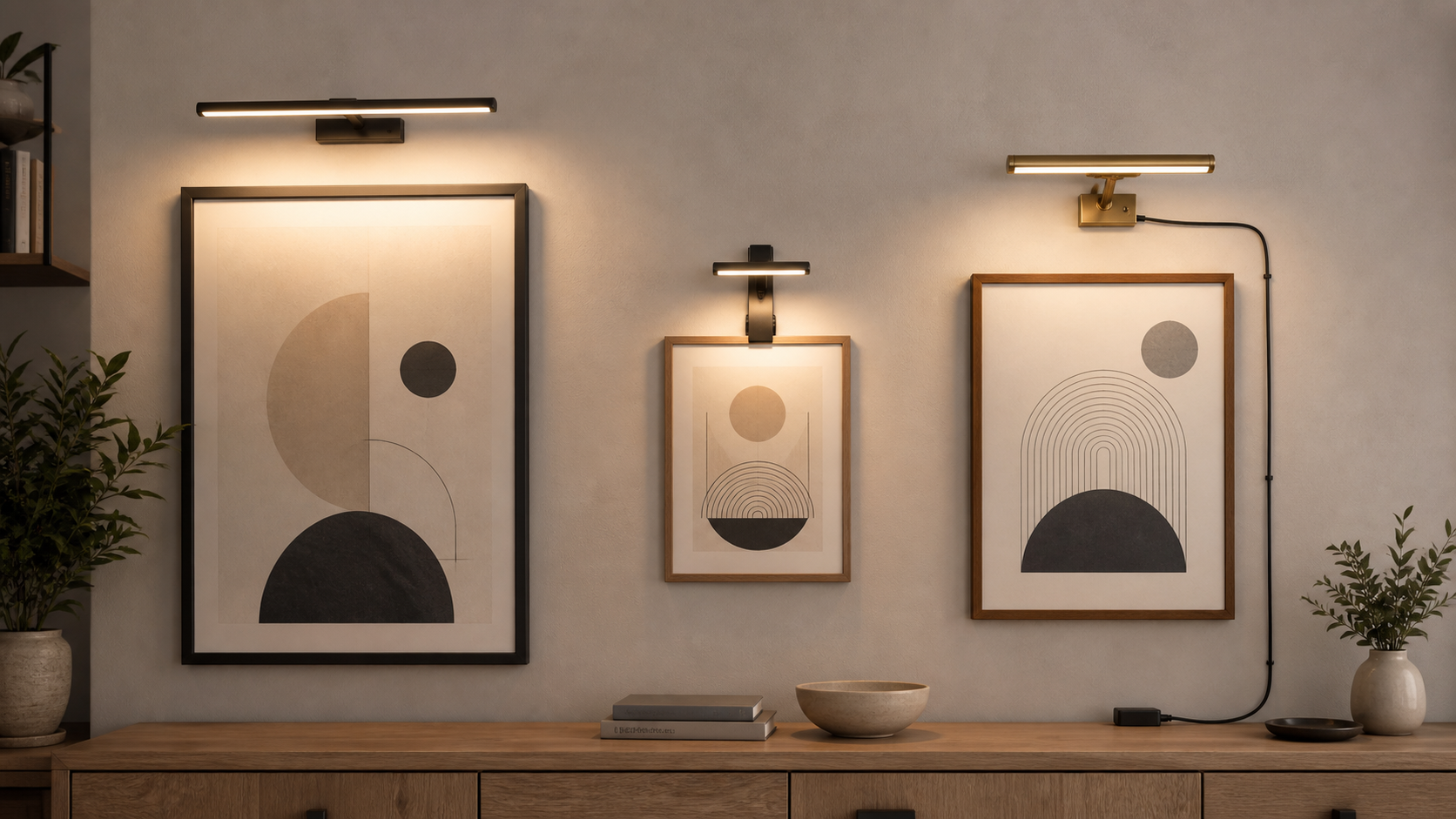 Three framed indoor wall signs showing wide, compact rechargeable, and plug-in LED picture-light setups