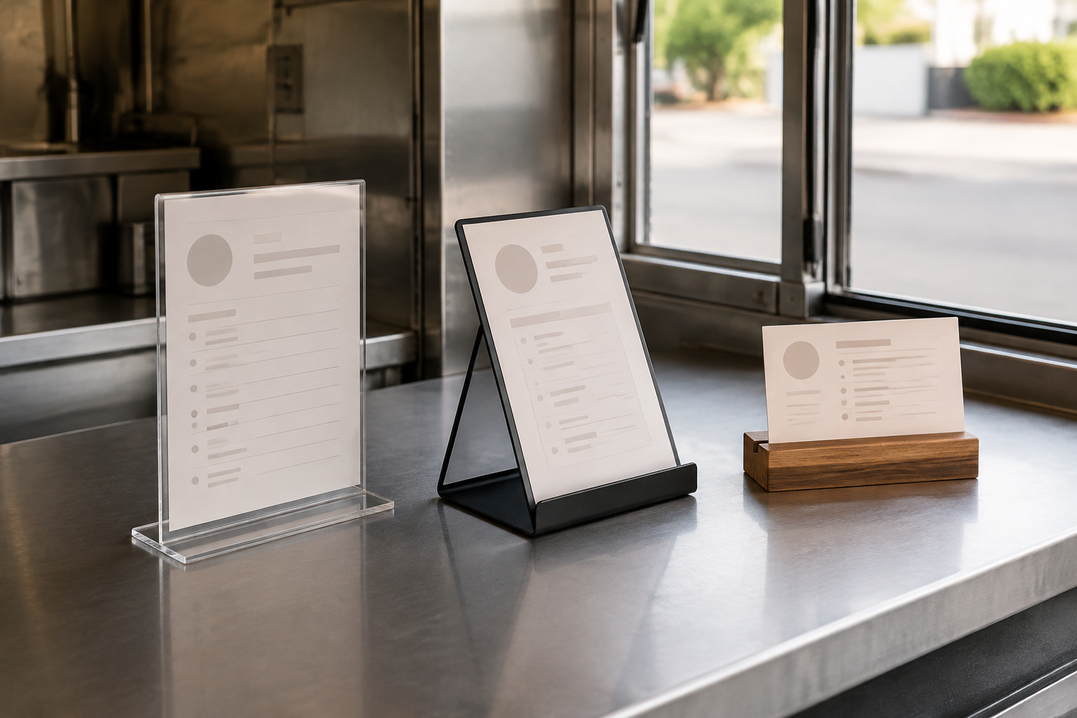 Clear acrylic, black angled metal, and low wooden menu sign stands arranged on a stainless food-truck service counter