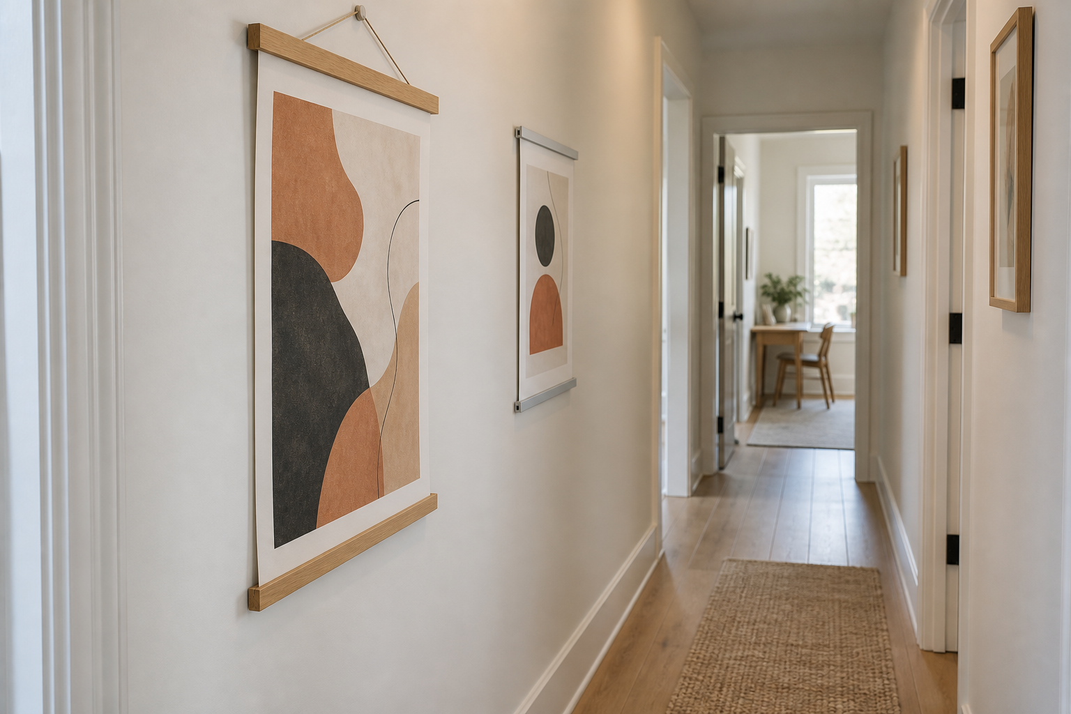 Low-profile wood and aluminum rail poster hangers displaying lightweight abstract prints along a narrow indoor hallway
