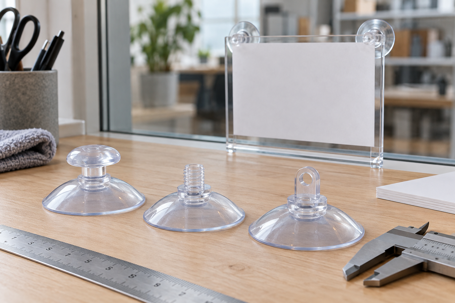 Three clear replacement suction cups with button, threaded, and eyelet-style connectors beside a ruler, caliper, and lightweight indoor sign holder