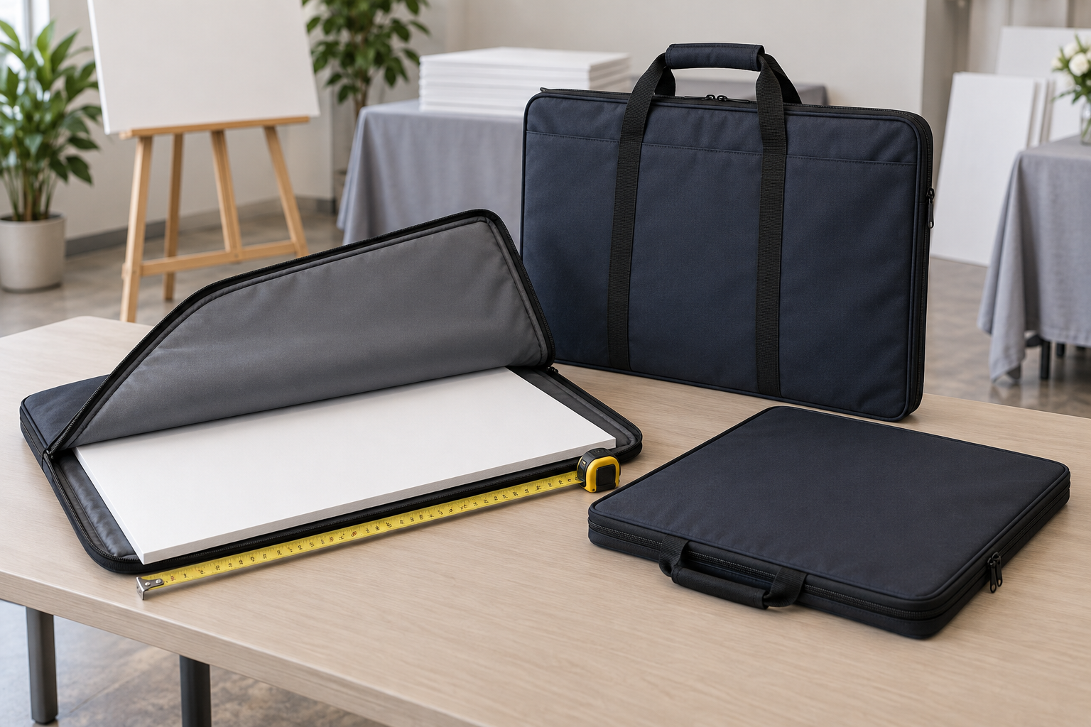 Three soft fitted carry sleeve formats for blank rigid flat event boards beside a measuring tape on an indoor preparation table