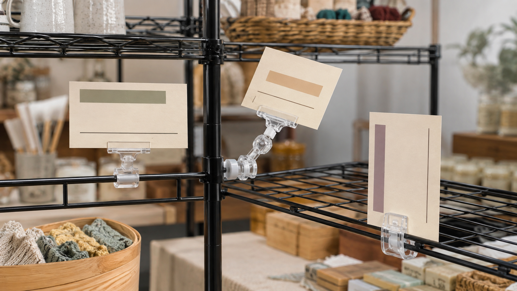 Three clear sign clip formats holding horizontal, angled, and vertical cards on black indoor wire market shelving