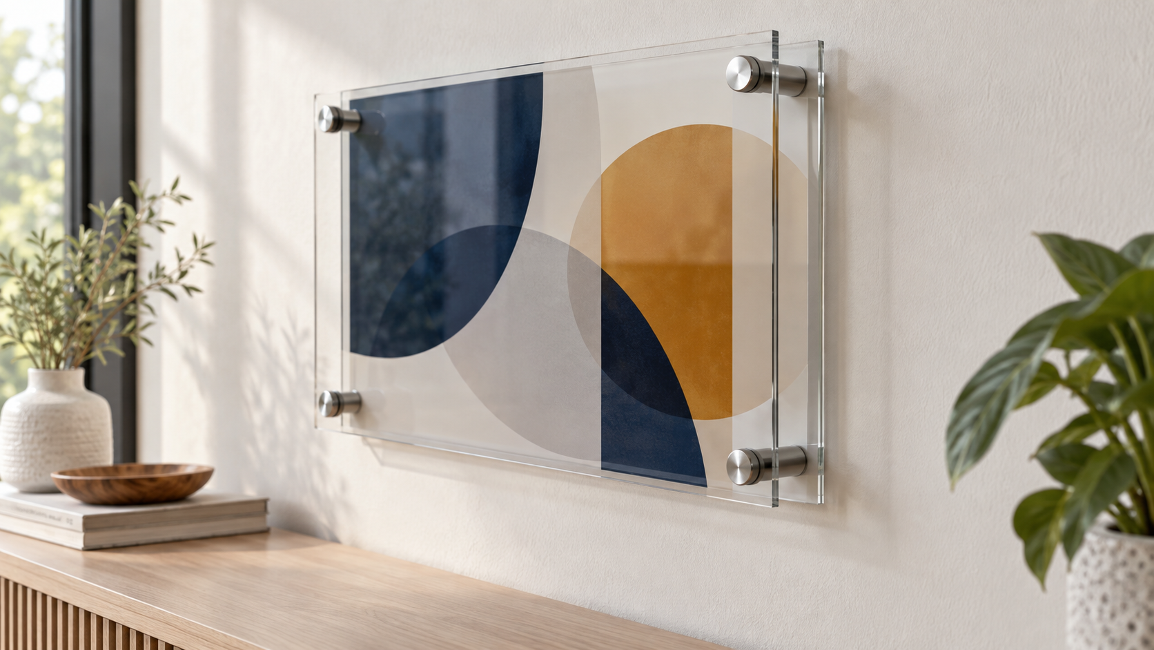 Two translucent acrylic sign panels separated from each other and an indoor wall by brushed-metal cylindrical hardware