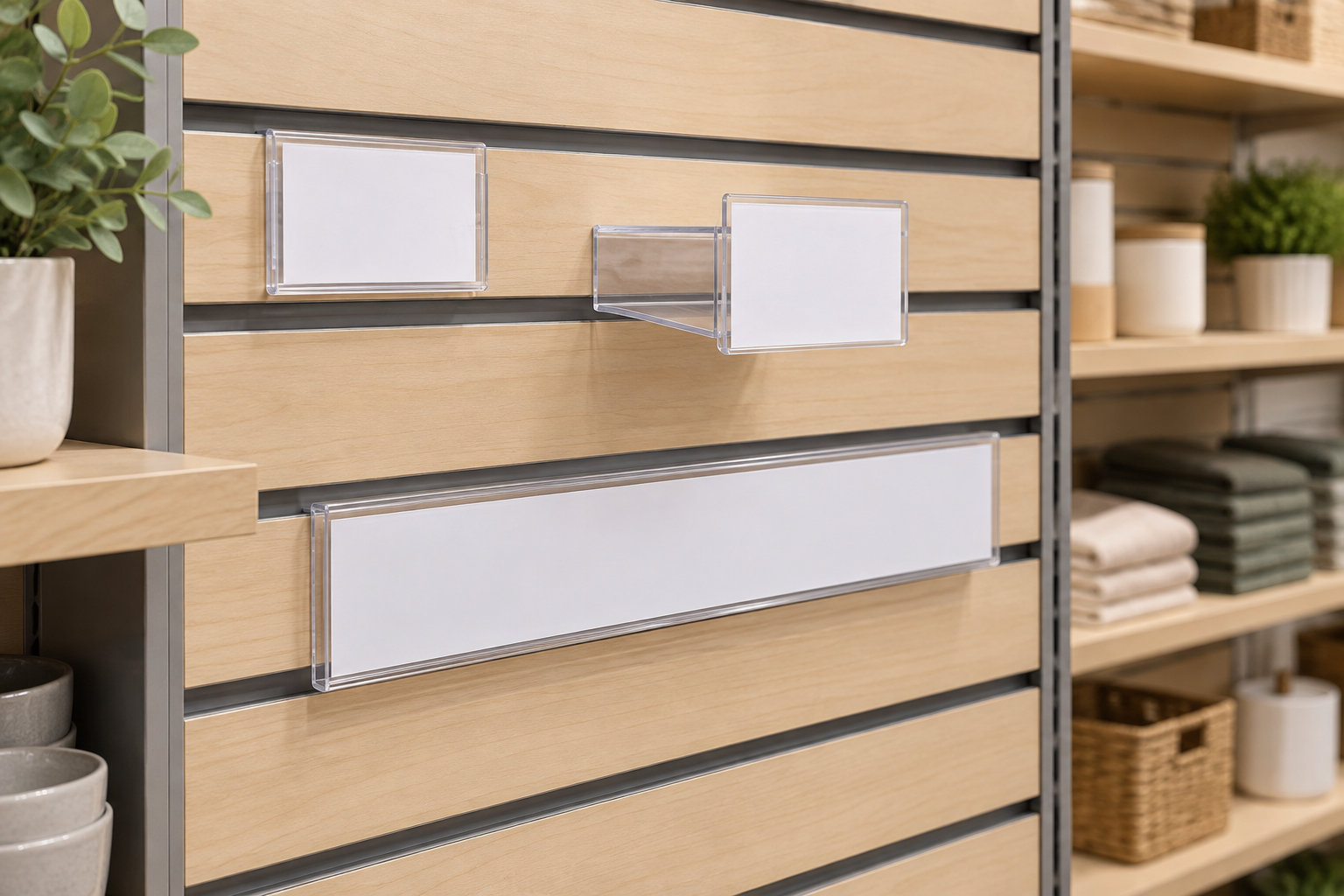 Clear label pockets and projecting card holders attached to a wood-finish indoor retail slatwall display