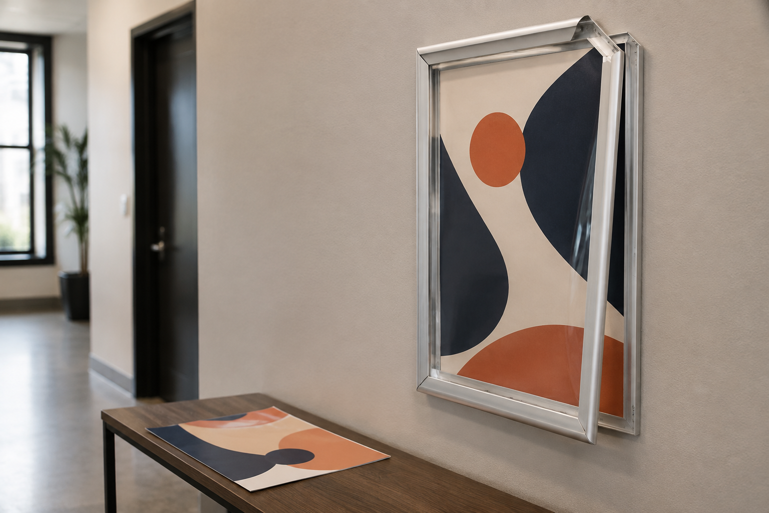 Indoor aluminum snap frame with its top and side edges open while a replacement abstract poster rests on a console table