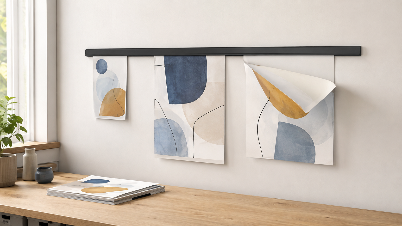 Horizontal wall display rail holding three lightweight paper signs of different sizes above a studio worktable
