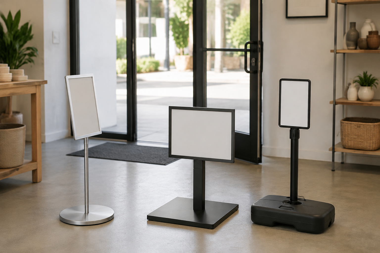 Round metal, broad rectangular, and dark fillable-style sign bases compared several feet inside a glass business entrance