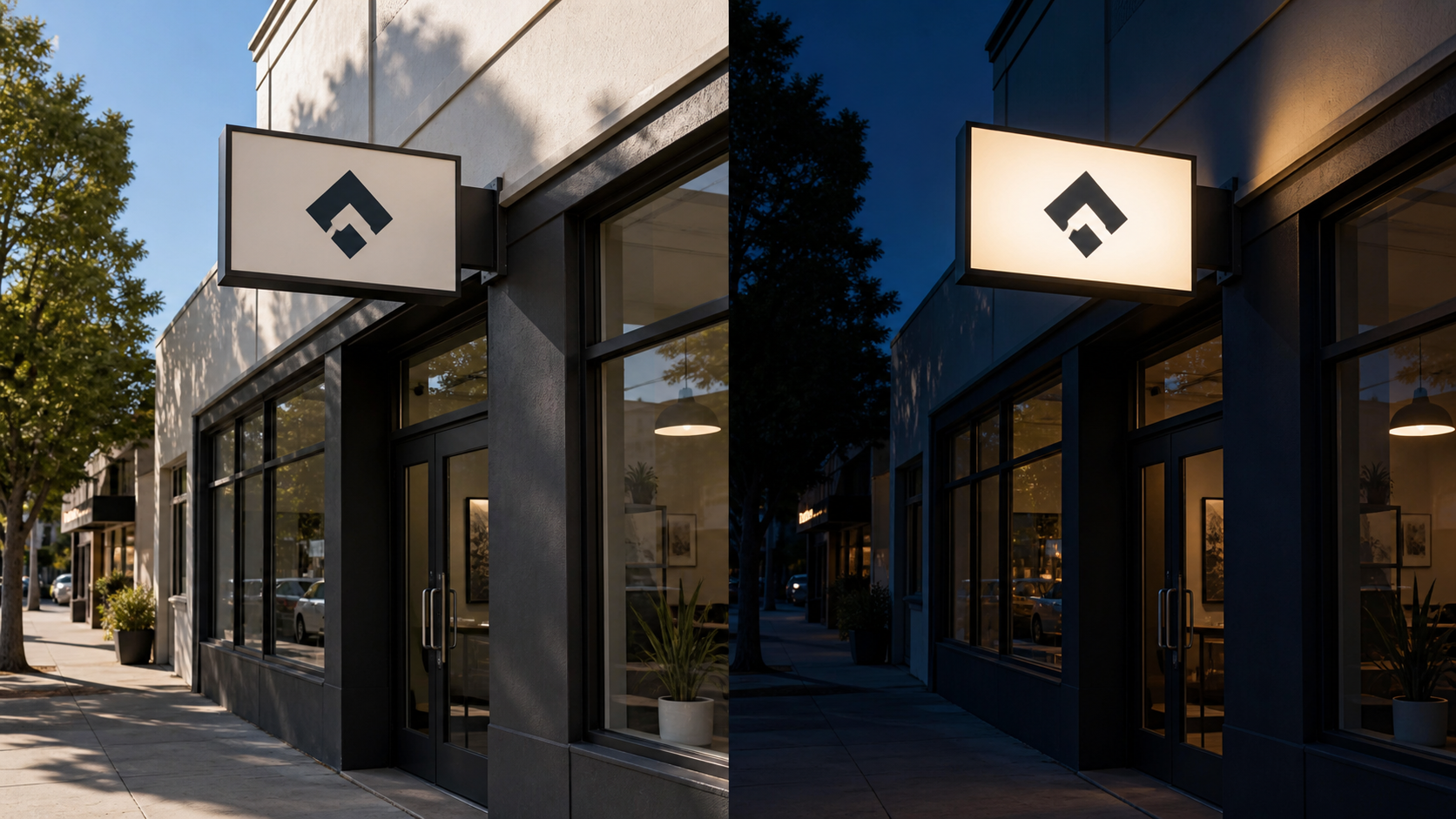 The same storefront cabinet sign shown in daylight while unlit and after dark while illuminated