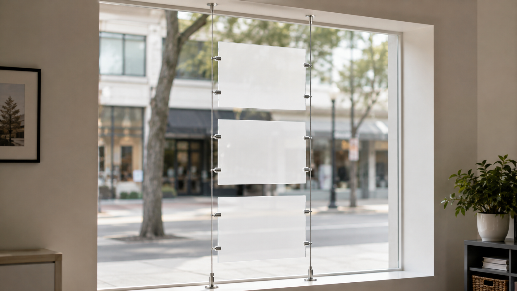 Three blank acrylic panels secured with metal clamps between two tensioned cables inside a storefront window