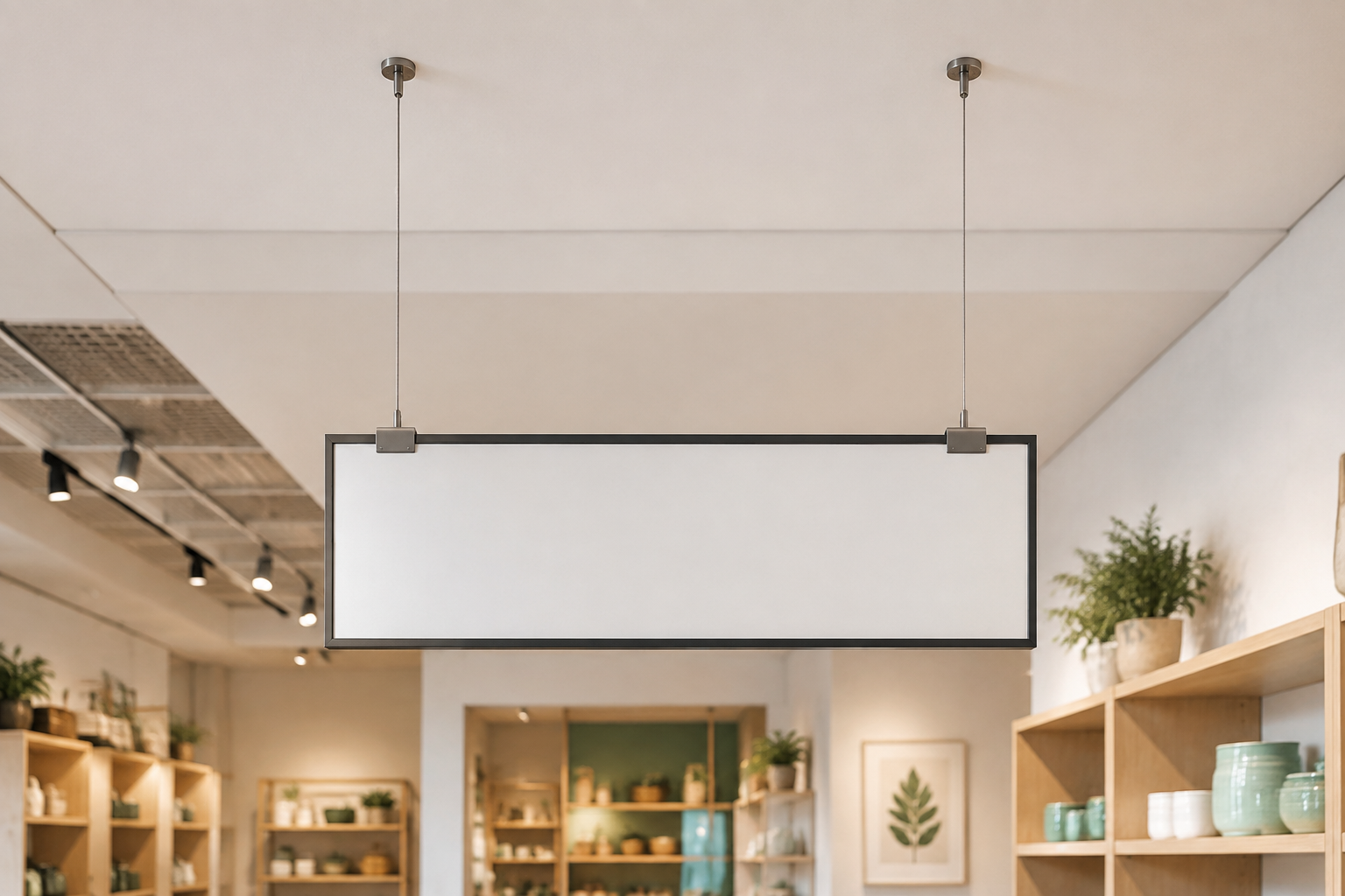 Indoor rectangular sign suspended from two ceiling attachment points with slim cables