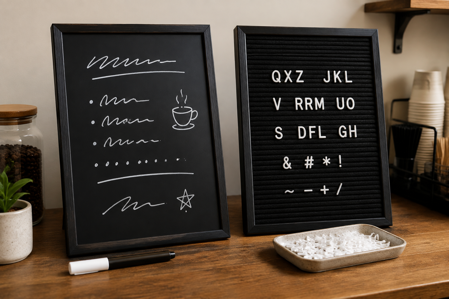A framed chalk marker board beside a black felt changeable letter board with loose characters on an indoor counter