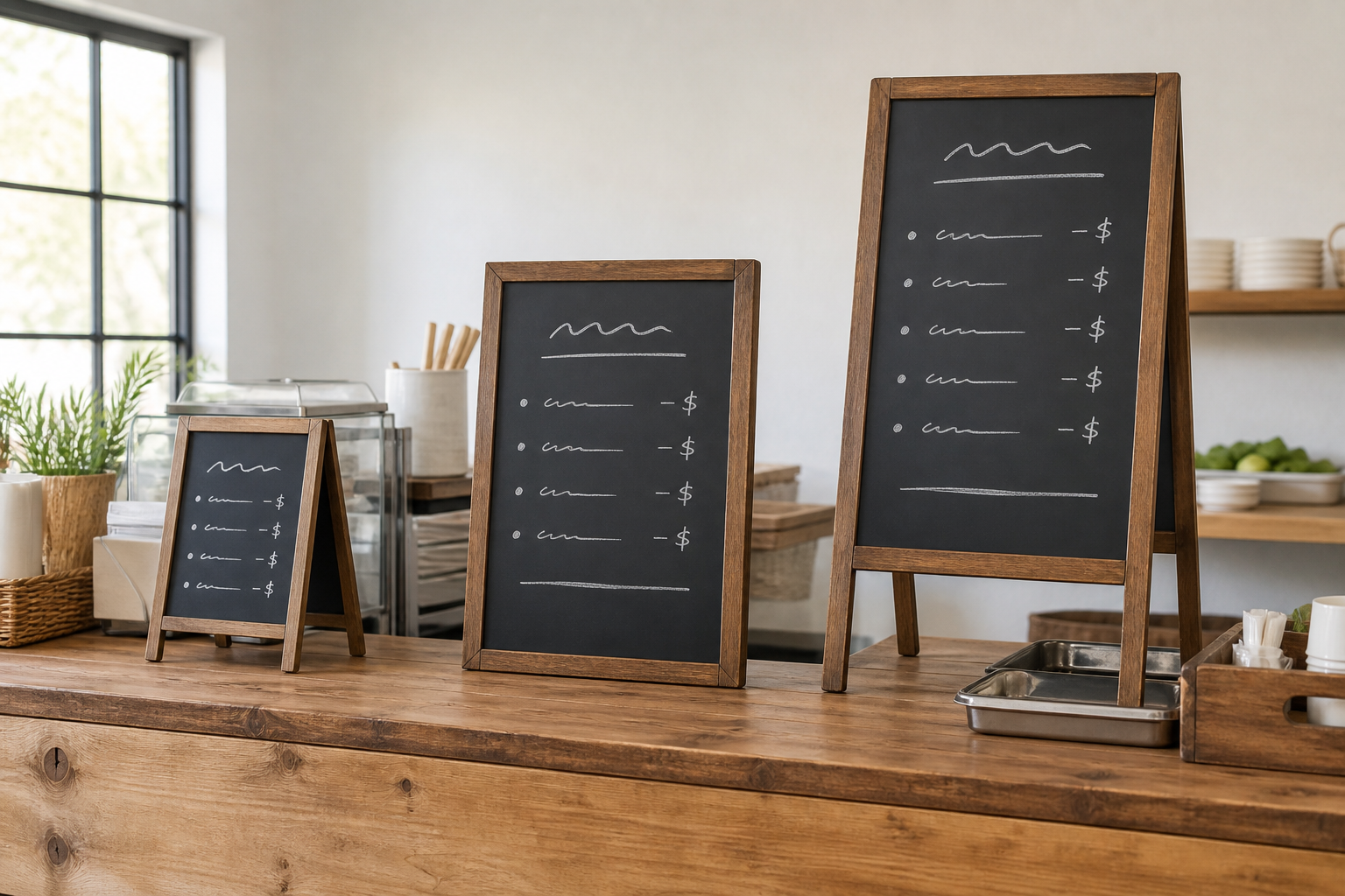 Three portable chalkboard menu formats compared on an indoor pop-up counter