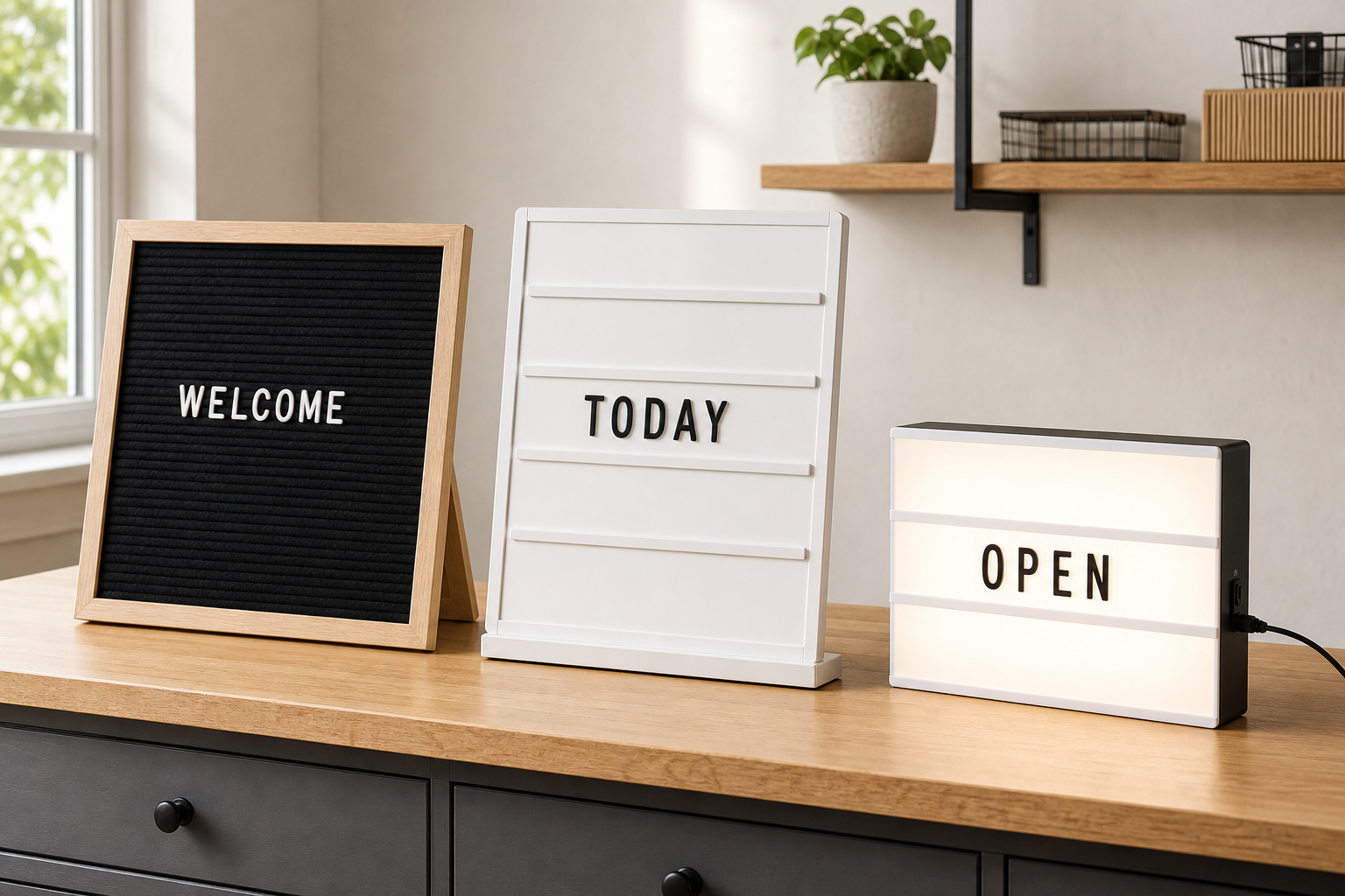 Felt, magnetic, and illuminated changeable letter boards arranged on a counter for size and format comparison