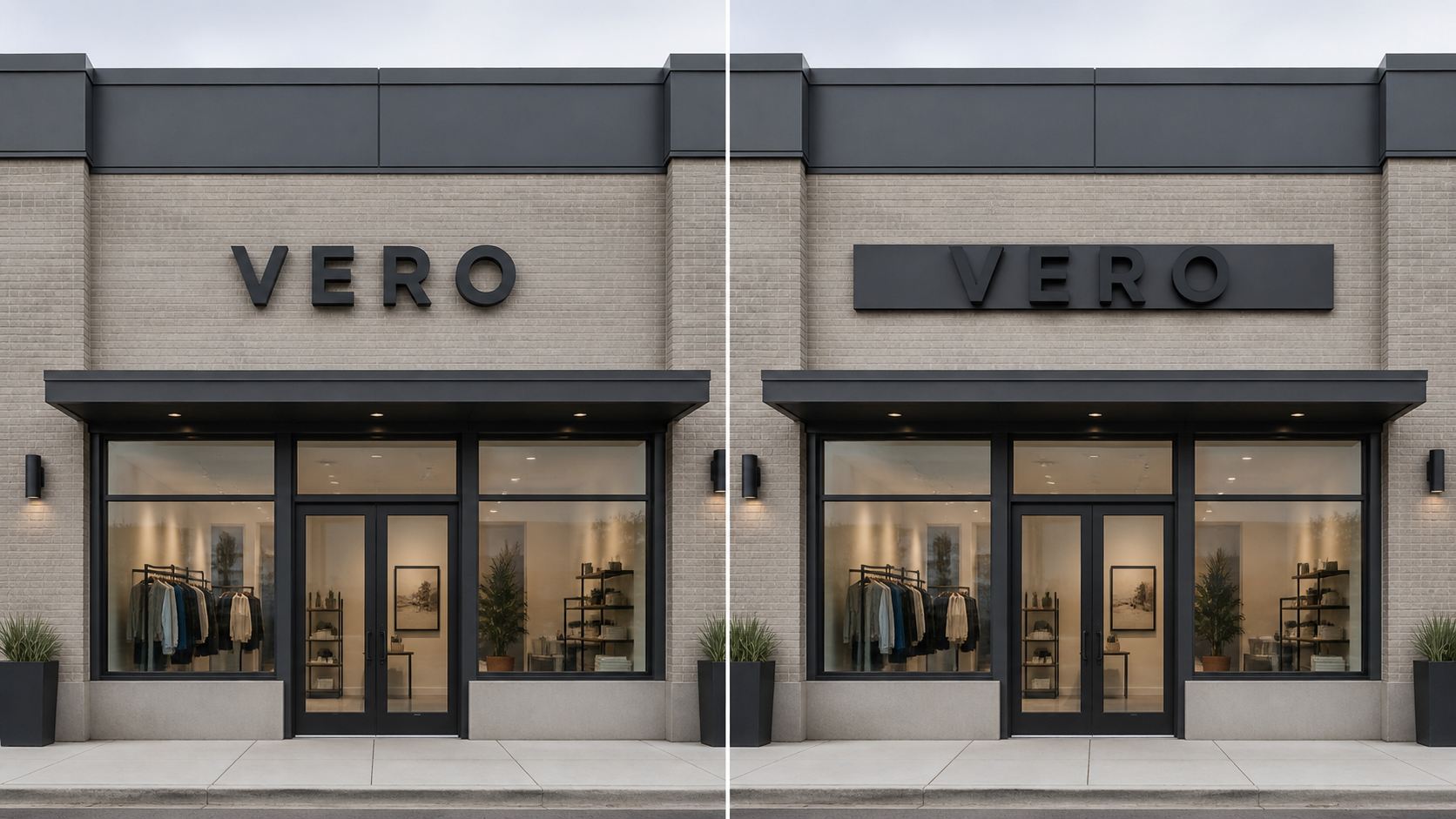 Side-by-side storefront comparison of individually mounted channel letters and letters attached to a raceway