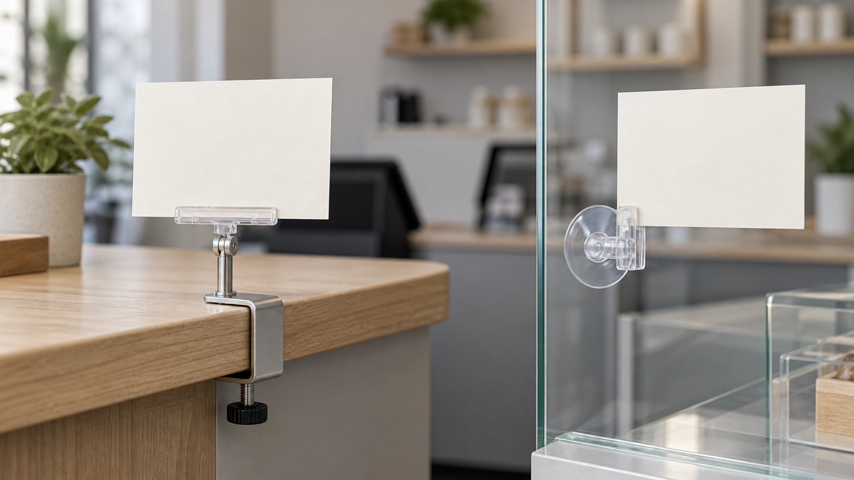 Clamp-on card holder attached to a light wood counter edge beside a suction-cup card holder attached to a smooth indoor glass partition