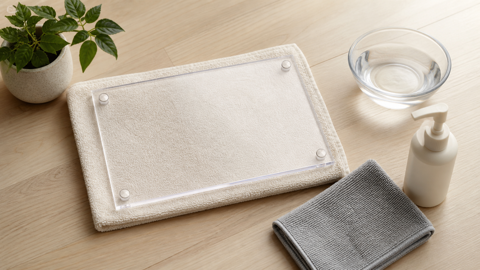Clear acrylic sign resting on a towel beside a clean microfiber cloth, bowl of water, and unbranded soap pump