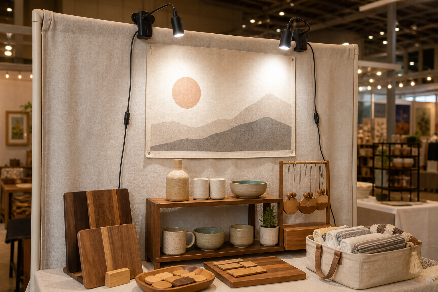 Two generic clip-on lights clamped above a printed sign at an indoor craft-market booth