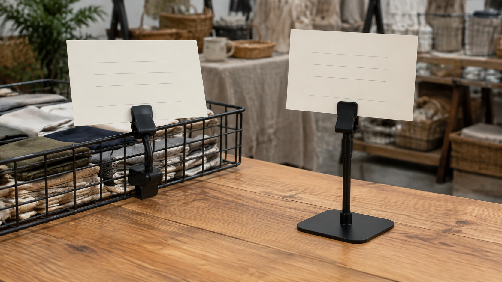 Clip-on card holder attached to a black wire basket beside a freestanding card holder with a broad black base on an indoor market table