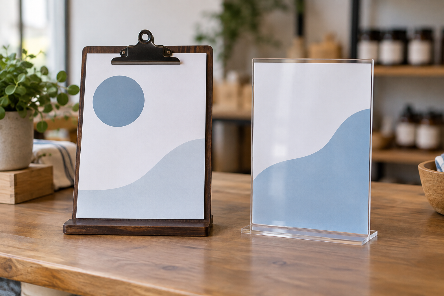 Tabletop clipboard sign holder with an exposed sheet beside a clear acrylic insert holder on an indoor counter