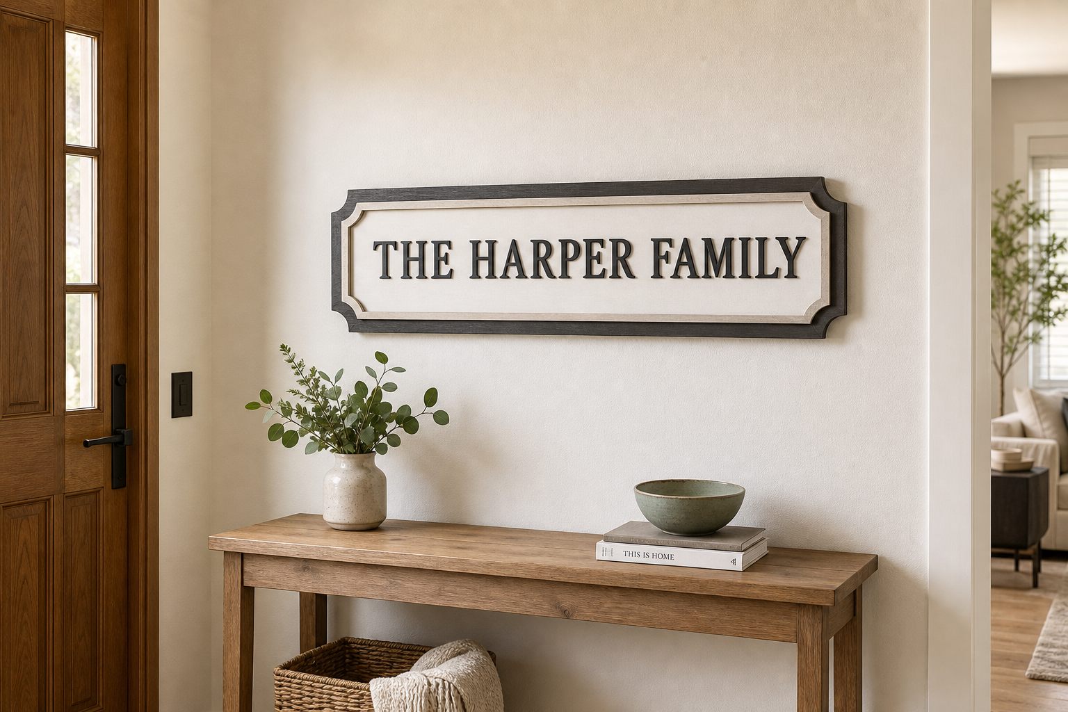 Indoor entryway with a wide family name sign centered above a wood console table