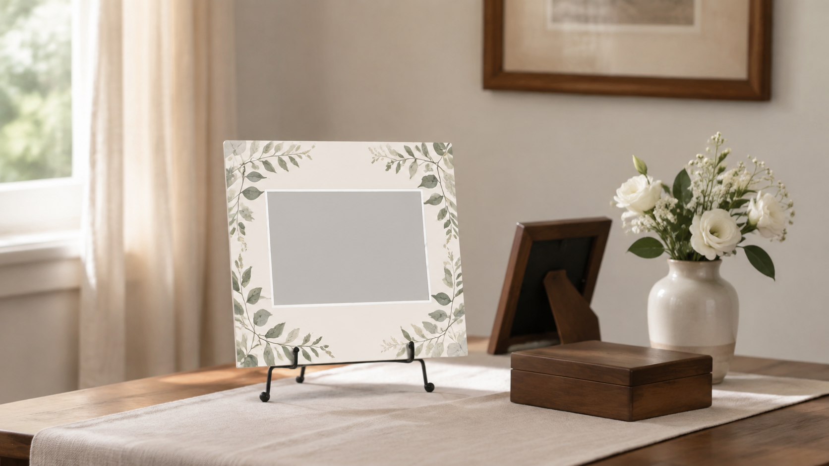Blank botanical memorial sign on a tabletop stand beside white flowers, a turned picture frame, and a wooden keepsake box