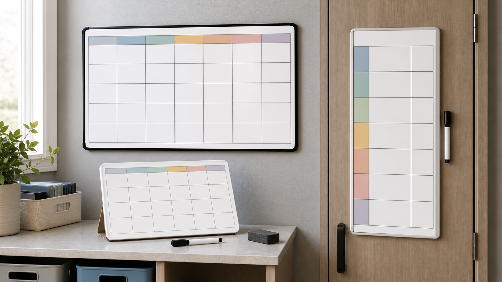 Wall, tabletop, and door-mounted dry-erase schedule boards in a small office