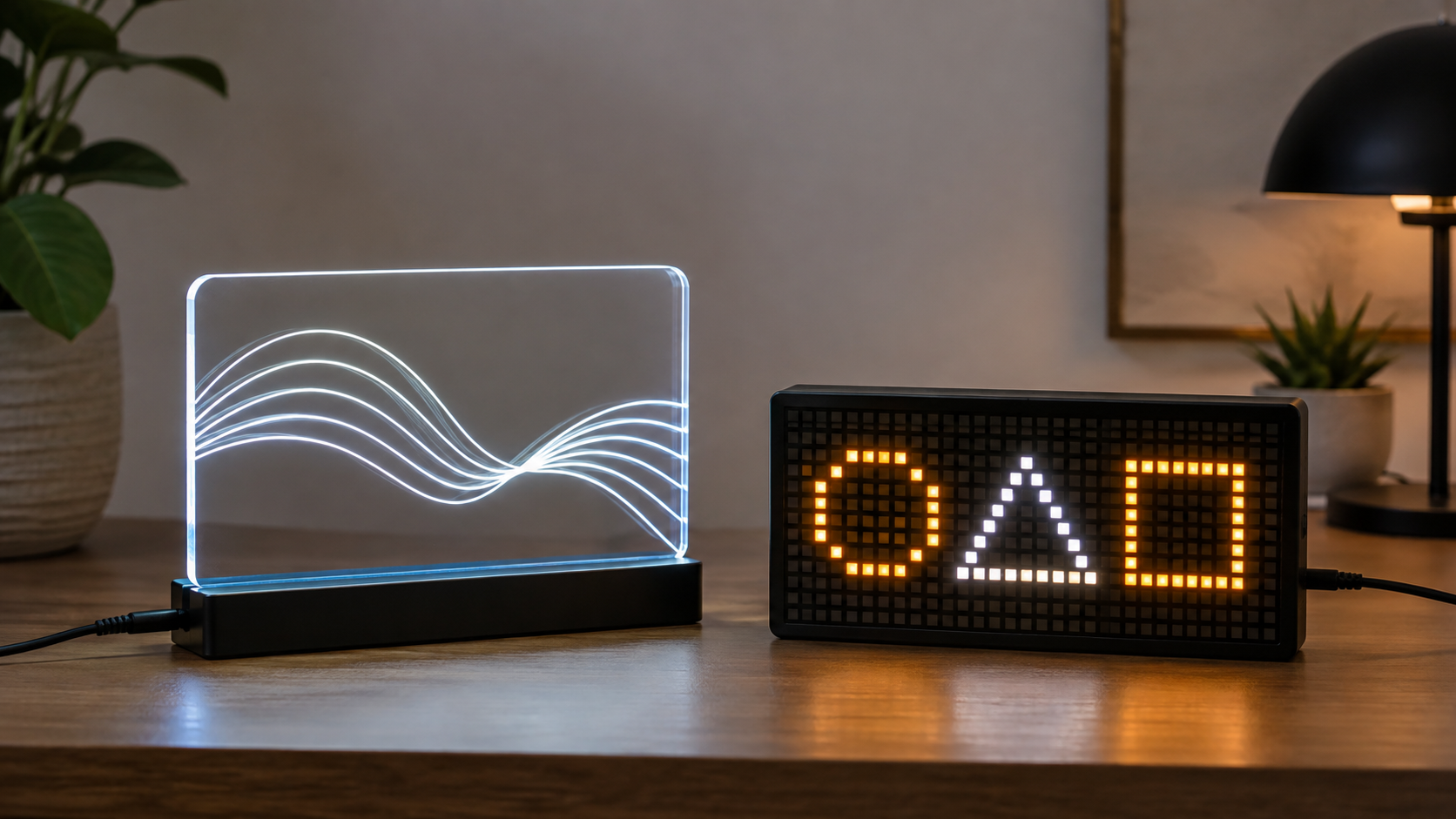 Generic edge-lit acrylic sign with a fixed wave design beside a pixel LED message board with changeable geometric symbols on an indoor desk