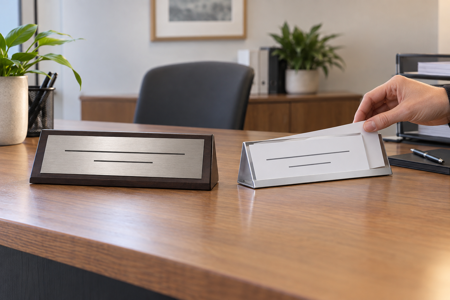 Dark engraved desk plate beside a metal nameplate holder while a hand slides out its removable white paper insert