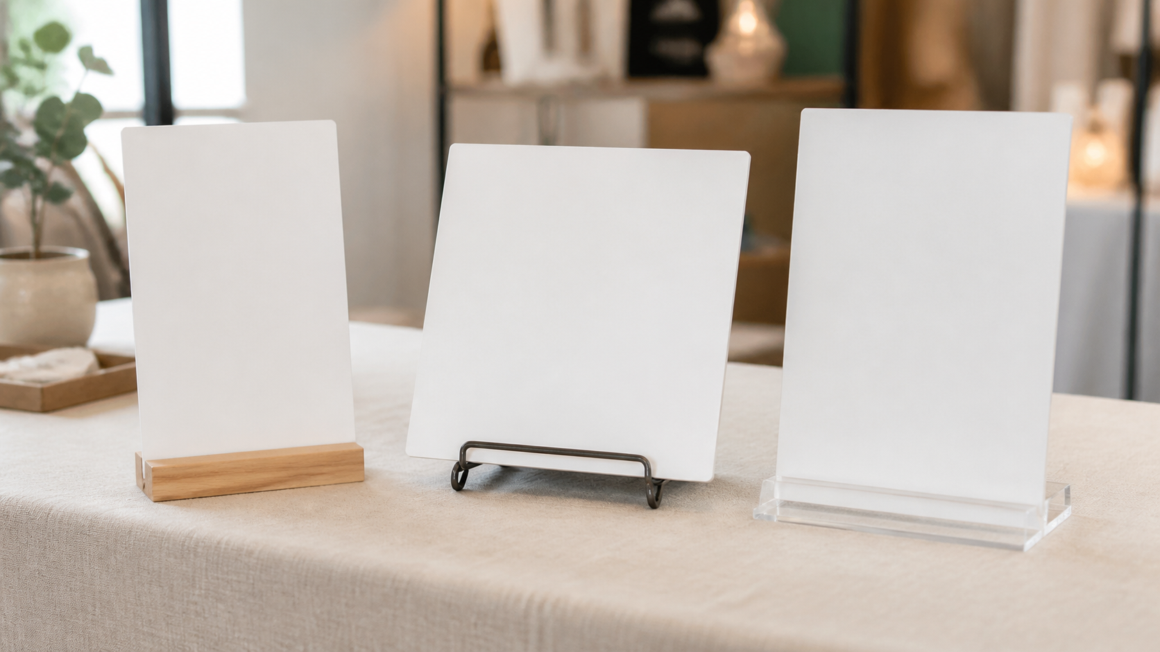 Three tabletop stands supporting blank foam board signs with different base depths and viewing angles