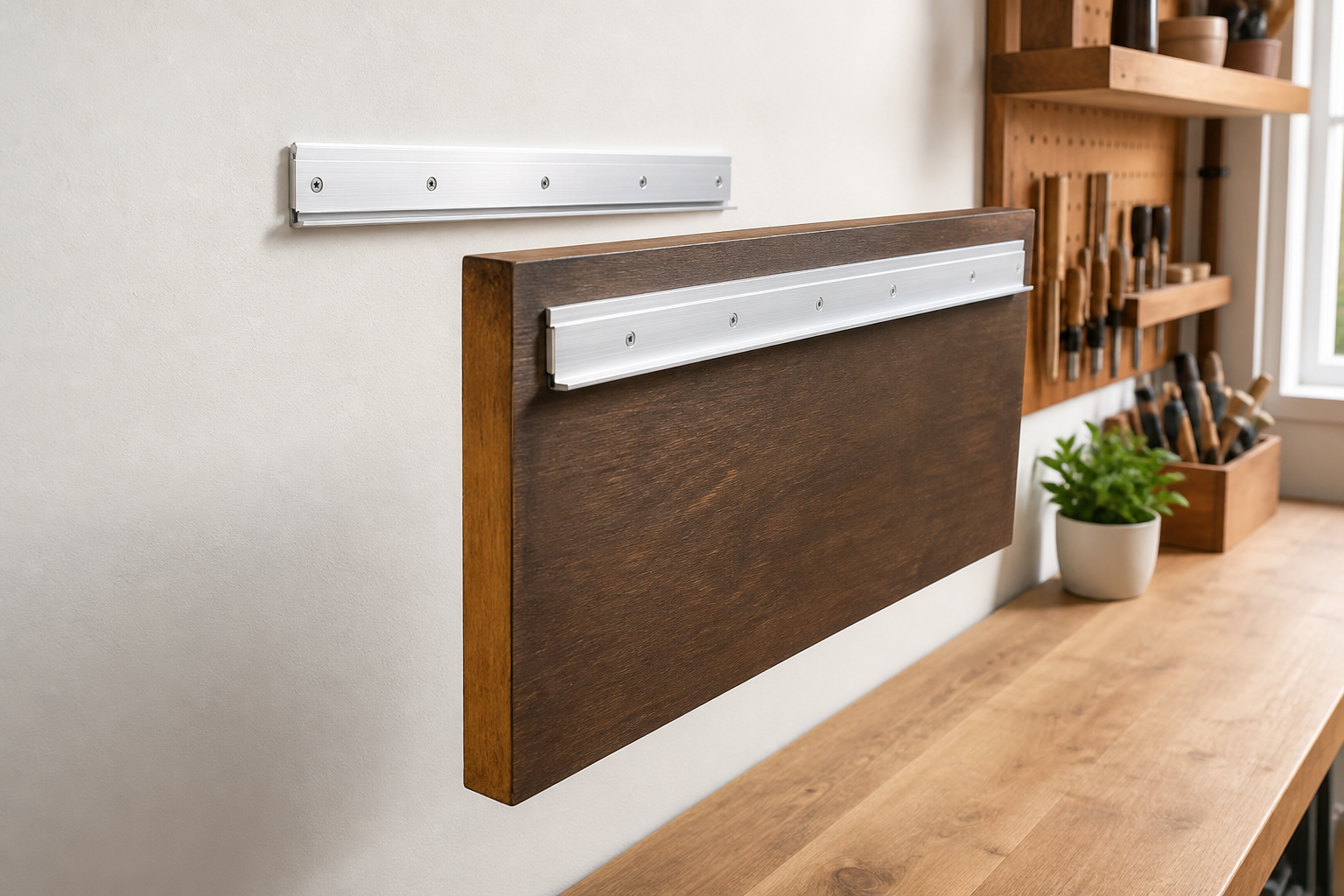 Two-piece aluminum French cleat positioned between a rigid wood sign and an indoor wall