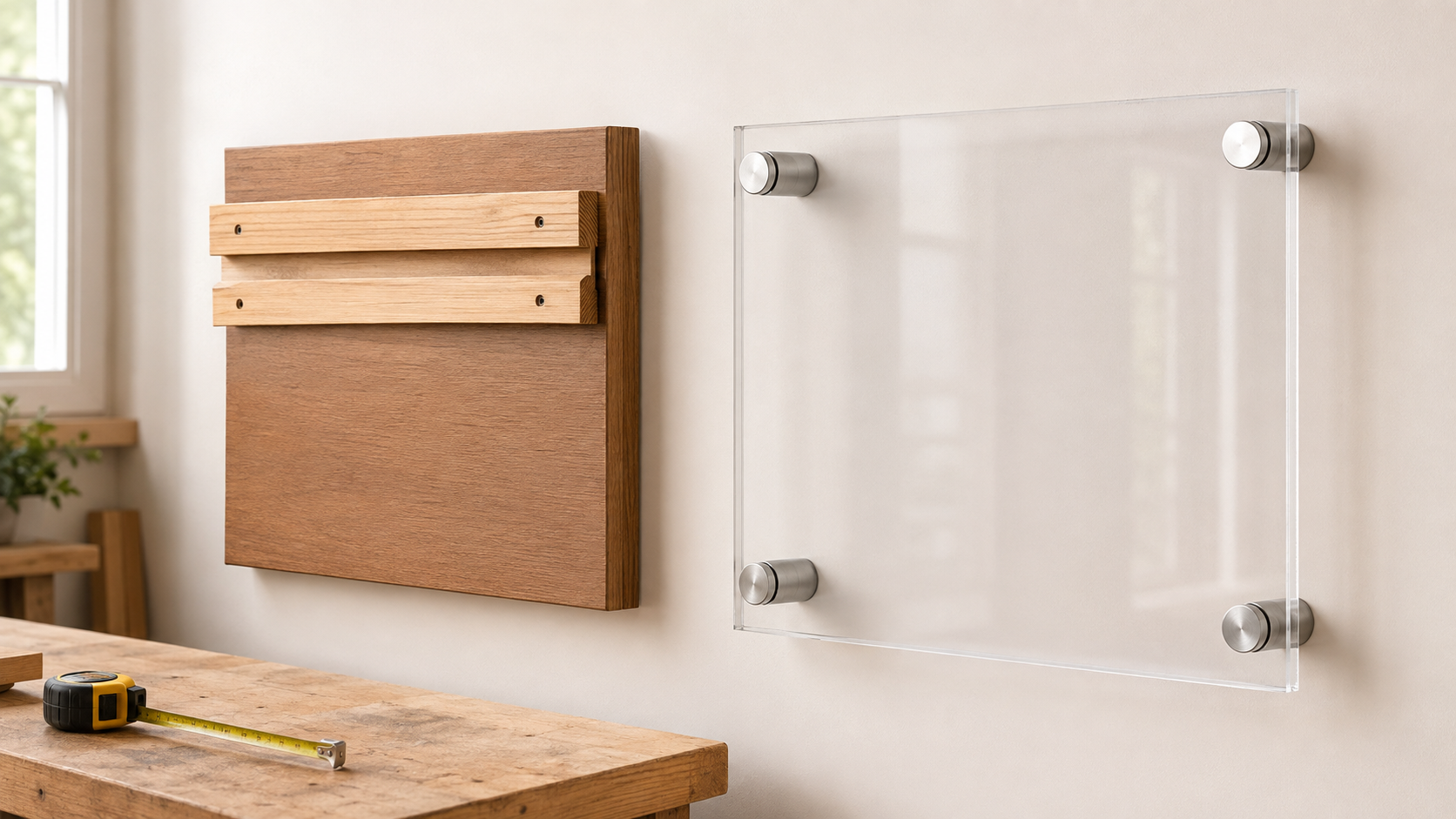 Wood sign with rear French cleat hardware beside a clear acrylic panel mounted on four visible metal standoffs