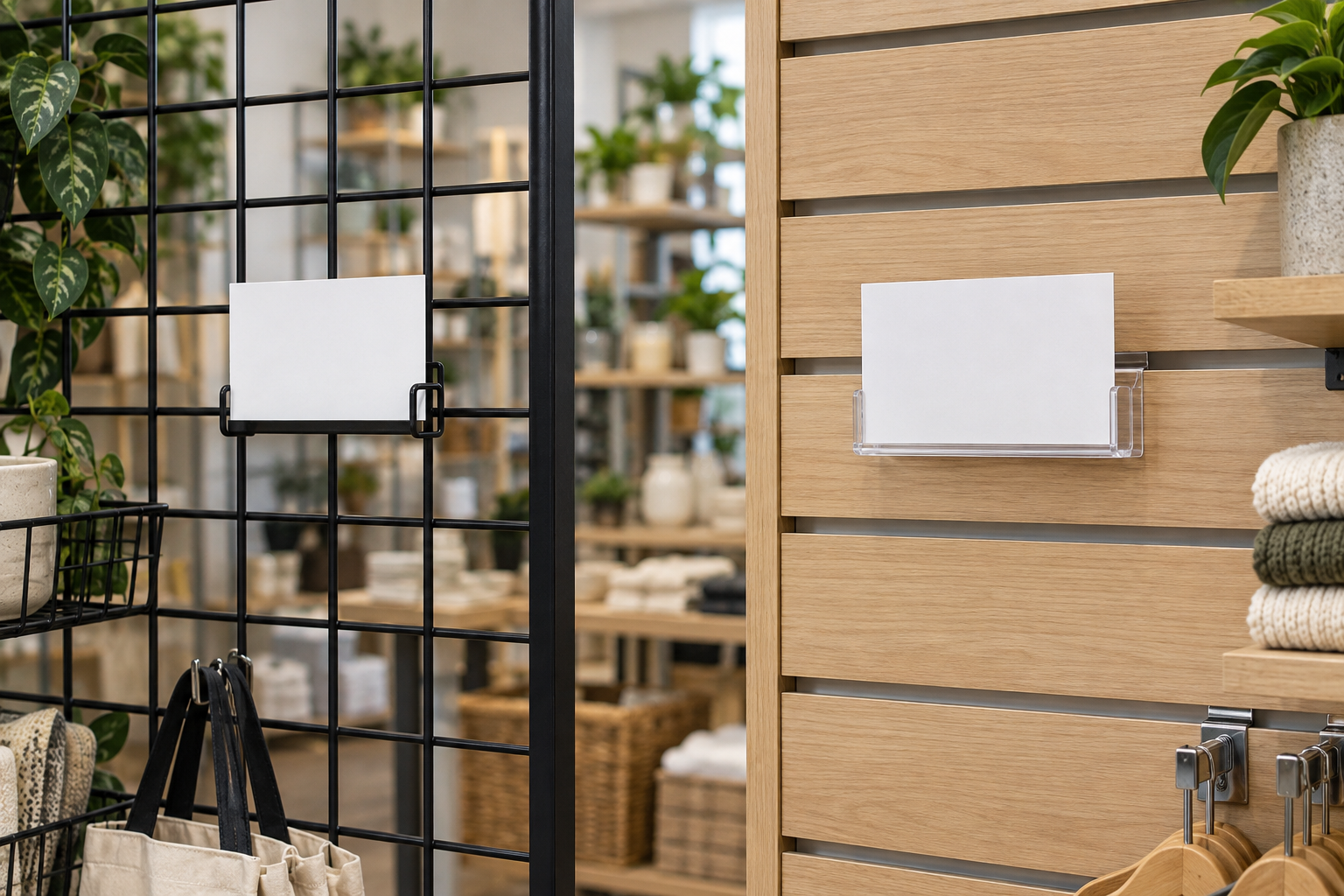 Black gridwall panel with a wire-mounted card holder beside a wood-look slatwall panel with a groove-mounted clear card holder