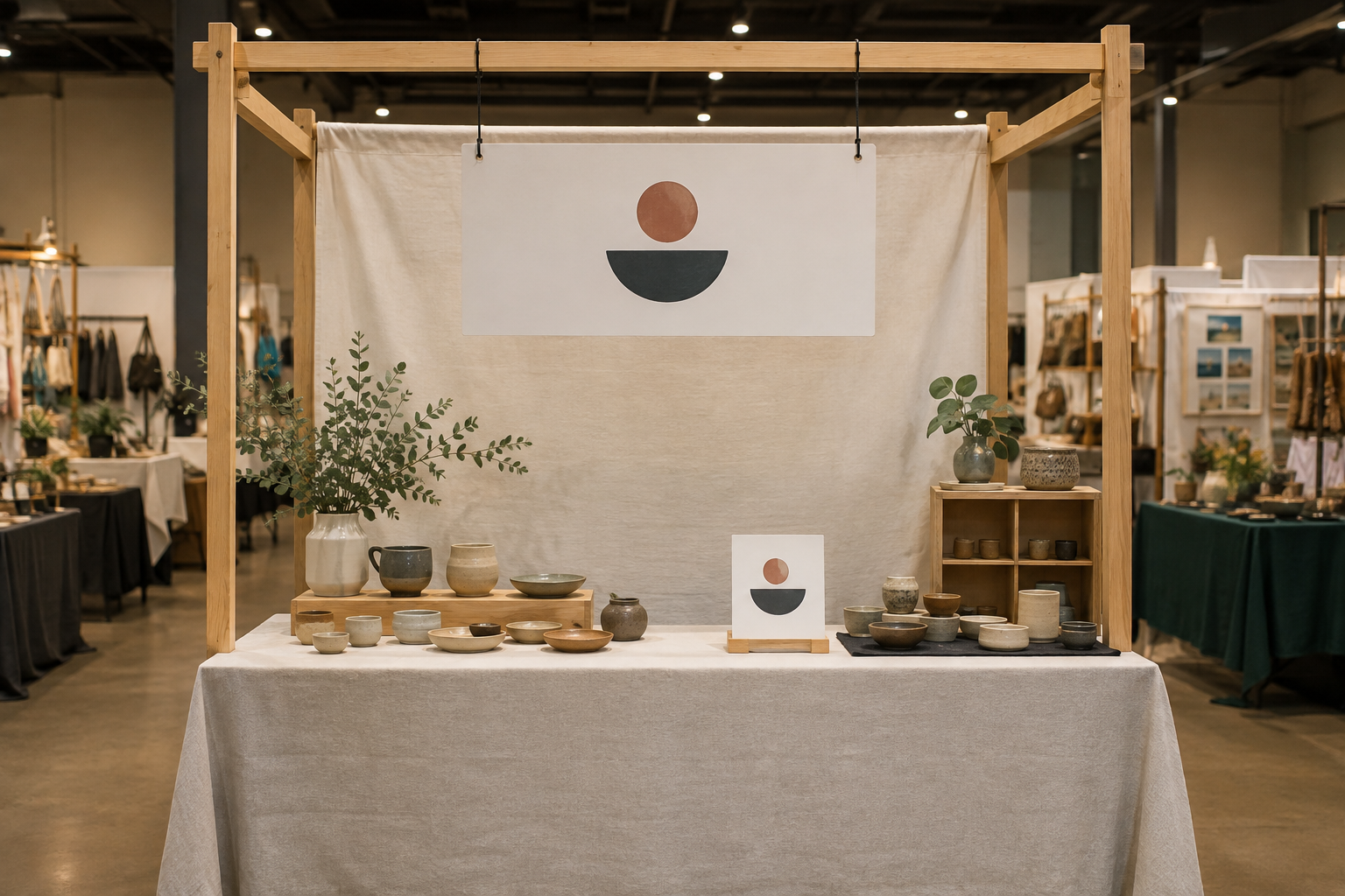 Indoor market booth comparing a large sign hung at two points from a vendor-owned frame with a smaller sign in a base on the display table