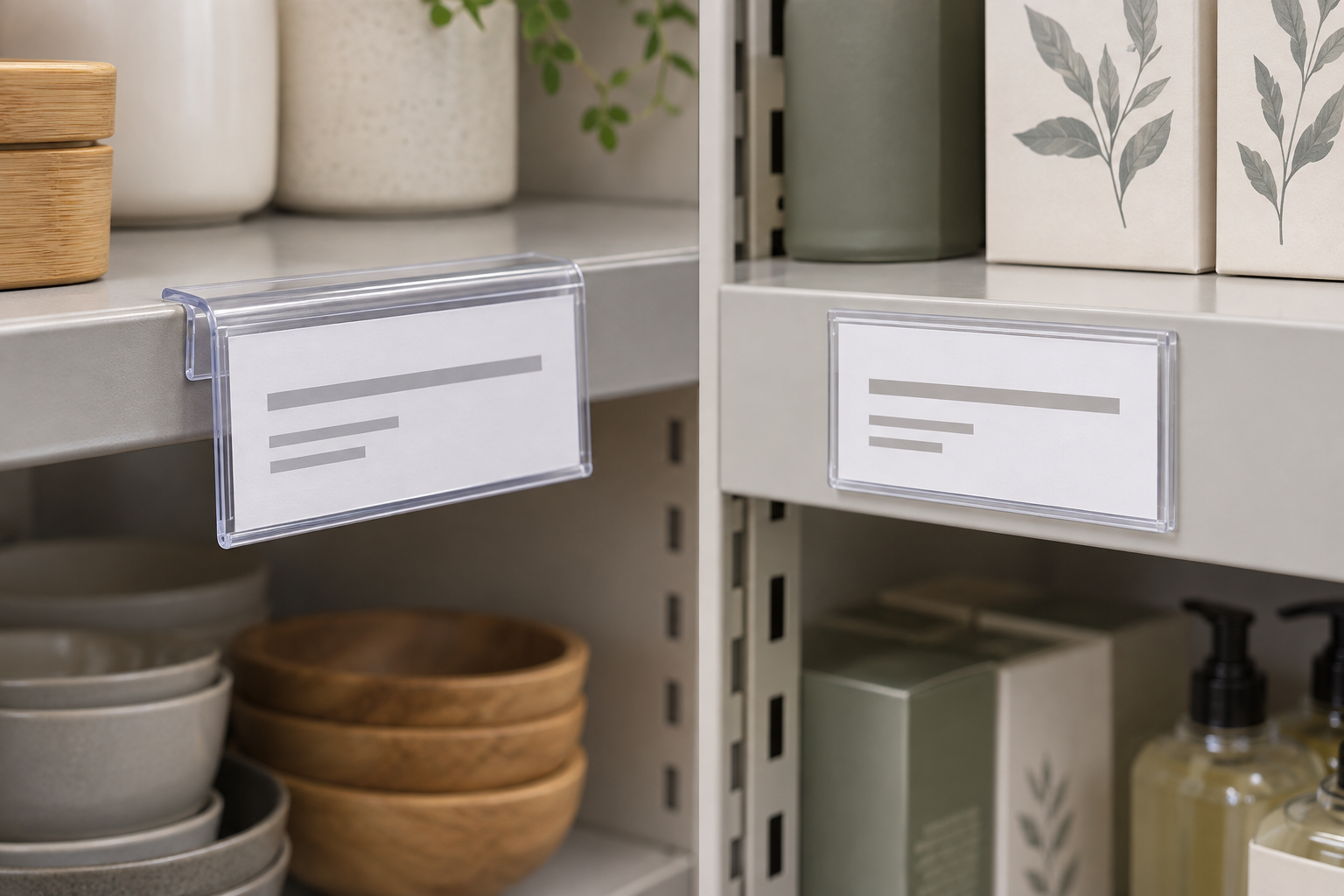 A clear hook-on shelf label holder wrapped over a thin shelf lip beside a clear adhesive label pocket mounted flat to a smooth shelf face