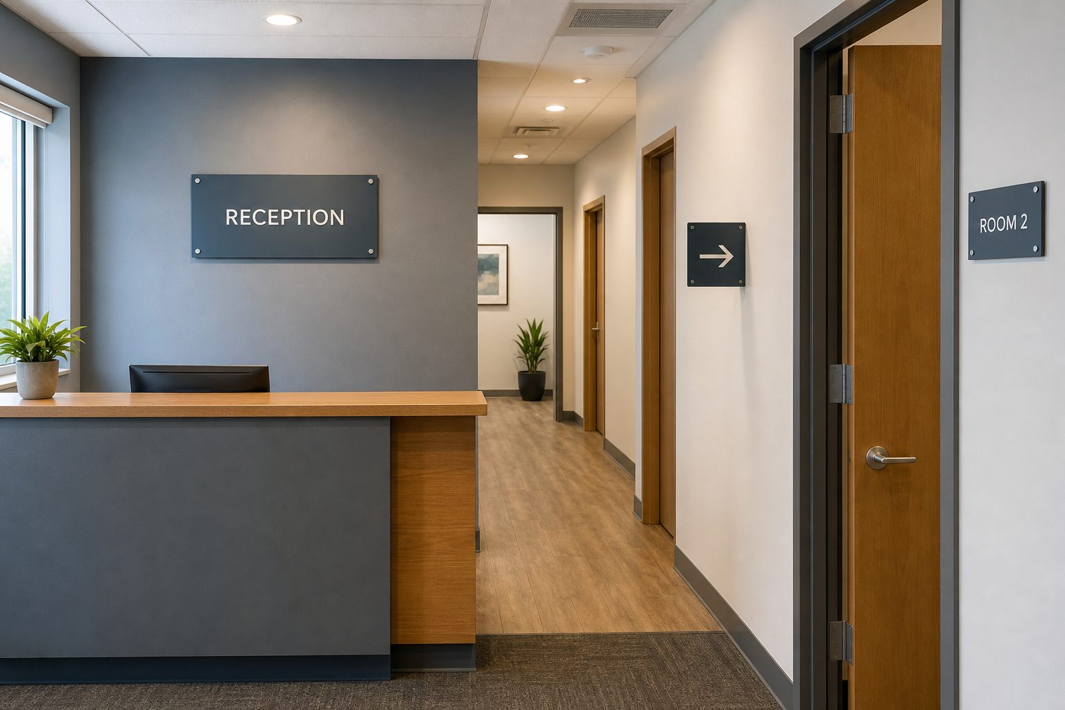 Reception identity sign, hallway arrow, and room sign forming an interior wayfinding hierarchy
