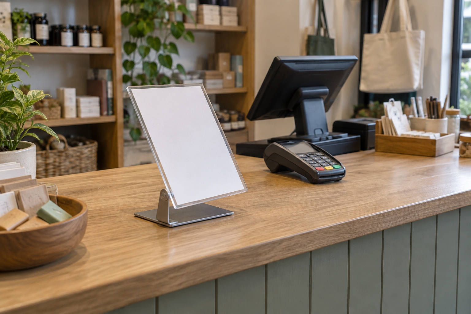 Adjustable-angle tabletop sign stand with a visible hinge aimed toward the customer side of a small shop checkout counter
