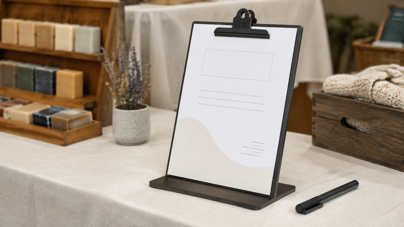 Black freestanding clipboard sign holder with a paper sheet and marker on an indoor craft-market vendor table